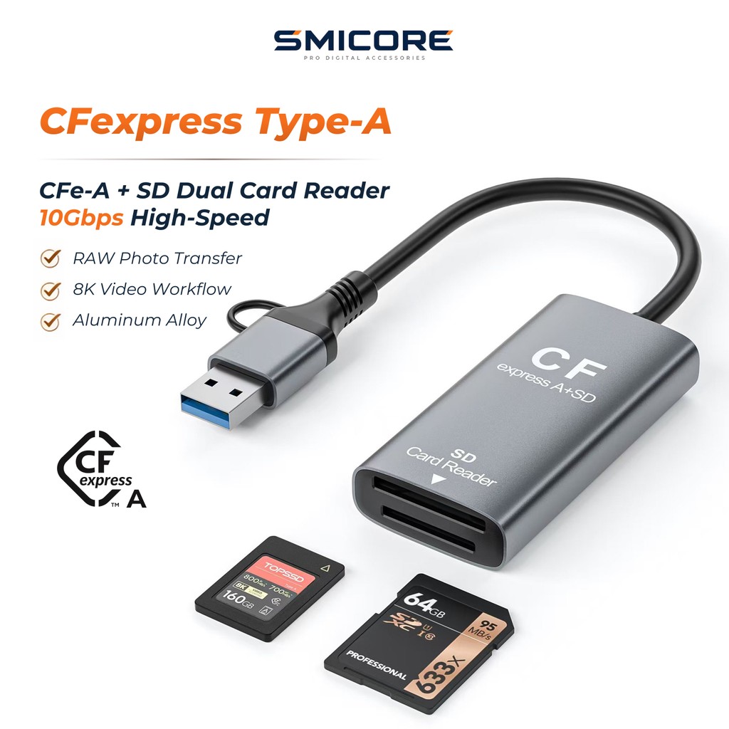 เครื่องอ่านการ์ด CFexpress Type-A + SD Card Reader USB3.1 Gen2 10Gbps 2-in-1 รองรับ Type-C และ USB-A ความเร็วสูง