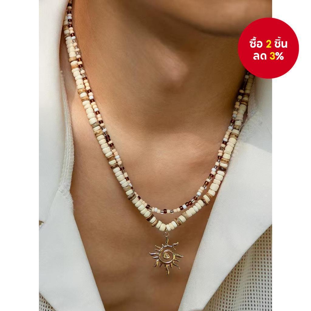 สร้อยคอเปลือกหอยและลูกปัดผู้ชาย - จี้รูปพระอาทิตย์สไตล์ฮิปสเตอร์ - เครื่องประดับโบโฮชิคยูนิเซ็กส์ - สร้อยคอโซ่แฮนด์เมดสไตล์ชนเผ่าสําหรับทุกเพศ