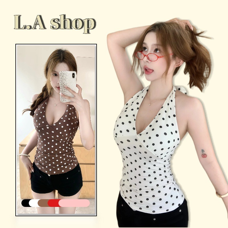 L.A Shop★พร้อมส่ง เสื้อกล้าม คล้องคอ ลายจุด ผ้านิ่ม สไตล์เกาหลี แฟชั่น เซ็กซี่ -FY3005#2