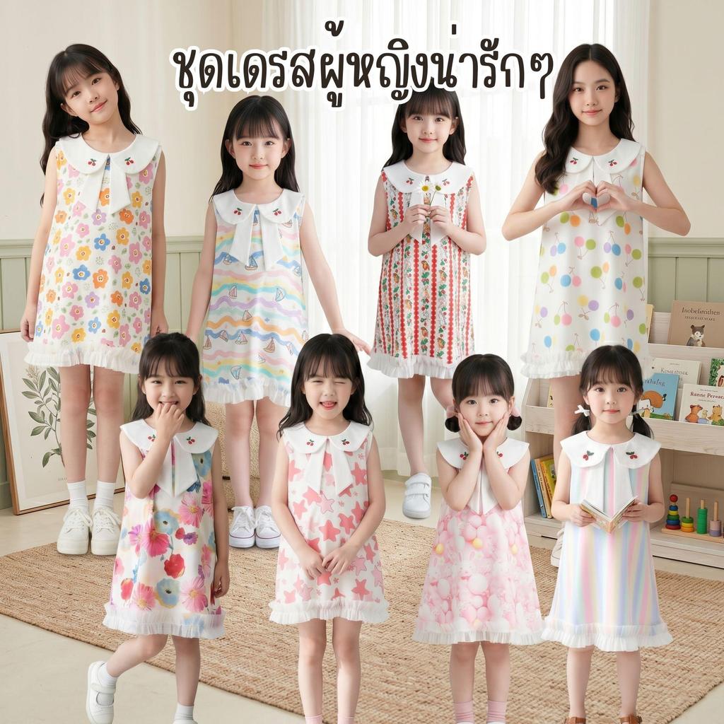 MooDeng Baby  ชุดเดรส ลูกสาว  เนื้อผ้าเบา ไม่ยับ แขนกุด คอปก ปักลายเชอร์รี่ พิมพ์ลาย สวมใส่สบาย โพลีเอสเตอร์