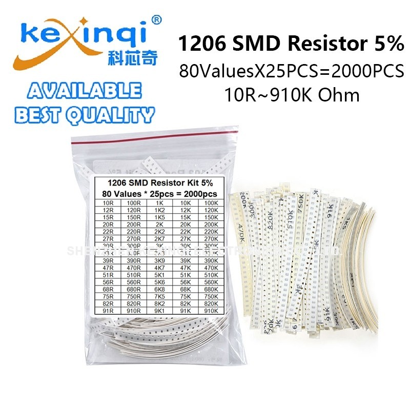 2000PCS 1206 SMD Resistor Assorted Kit 80ValysX 25PCS 10ROhm~910K 5% 22 33 68 47 51 100 220 330 470 