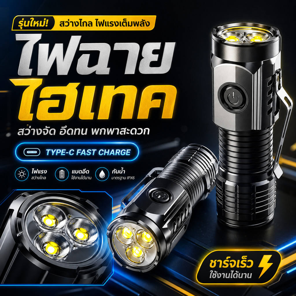 ขายดี! ไฟฉาย LED แสงแดด 4 ซีดี ชาร์จ Type-C ใส่สะดวก มีขีดกั้น ใช้งานง่าย สำหรับทุกคน การชาร์จฉุกเฉิน ใช้งานได้นาน