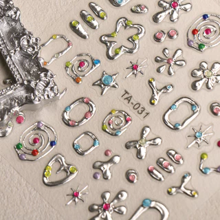 HAMA Y2K โลหะ 3D สติ๊กเกอร์ติดเล็บ Gothic Silver Cross Heart Star Line Design Nail Art Decals Self-Adhesive DIY ตกแต่งเล็บ