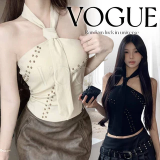 Vogue🌟พร้อมส่ง🌟 เสื้อคล้องคอผูกเน็กไท ติดลูกปัดทองมีฟองน้ำในตัว ทรงสวย (FY1087)