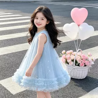 ชุดเดรสแขนกุดเด็กผู้หญิง รุ่นใหม่ปี 2026 สีฟ้าแฟนตาซี มีกลิตเตอร์ กระโปรงบานฟู สไตล์เจ้าหญิง สวยหรูสำหรับฤดูร้อน