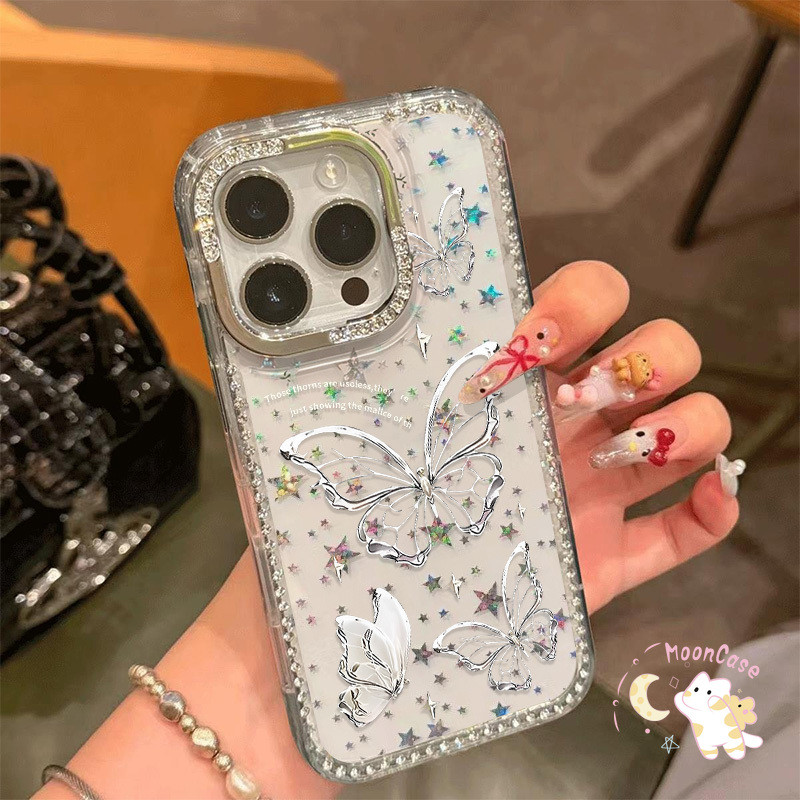 กรอบโทรศัพท์เพชรผีเสื้อสีเงิน เหมาะสำหรับ IPhone 17 16 13 16 14 ProMax 15 16 11 15 Plus 17 12 15 12PRO