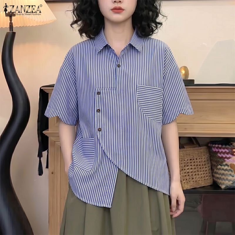 ZANZEA ซานเซีย เสื้อสตรีเกาหลีหลวมแขนสั้นลายหยักแบบอสมมาตรเสื้อลําลอง — صورة 5