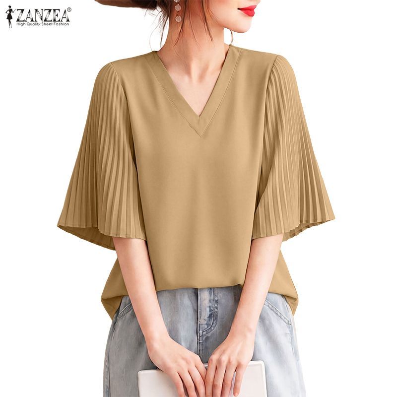 ZANZEA เสื้อเบลาส์สีทึบคอวีลําลองเกาหลีสําหรับผู้หญิง
