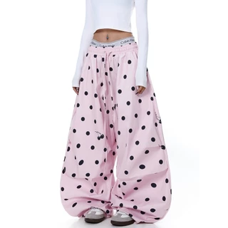 อเมริกัน Polka Dot Cherry พิมพ์สีชมพู Paratrooper กางเกงผู้หญิงกางเกงขากว้างหลวมผู้ชาย