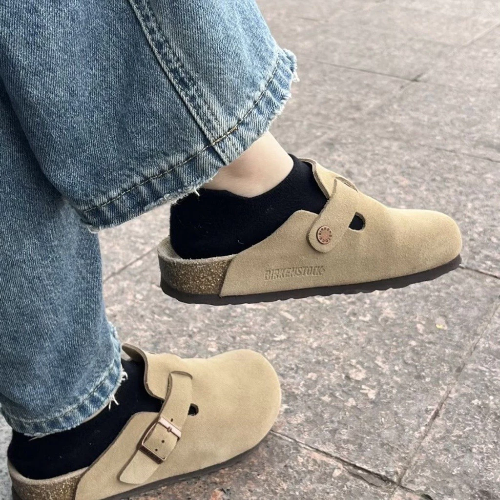 Birken * สต็อกรองเท้าแตะ Birkenstock Boston Baotou รองเท้าแตะผู้ชายสวมใส่ Birkenstock หนัง Cork ครึ่งรองเท้าแตะขนาดใหญ่ Size35-45