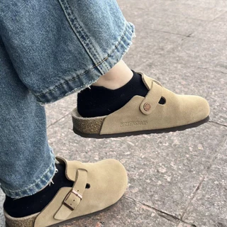 Birken * สต็อกรองเท้าแตะ Birkenstock Boston Baotou รองเท้าแตะผู้ชายสวมใส่ Birkenstock หนัง Cork ครึ่งรองเท้าแตะขนาดใหญ่ Size35-45