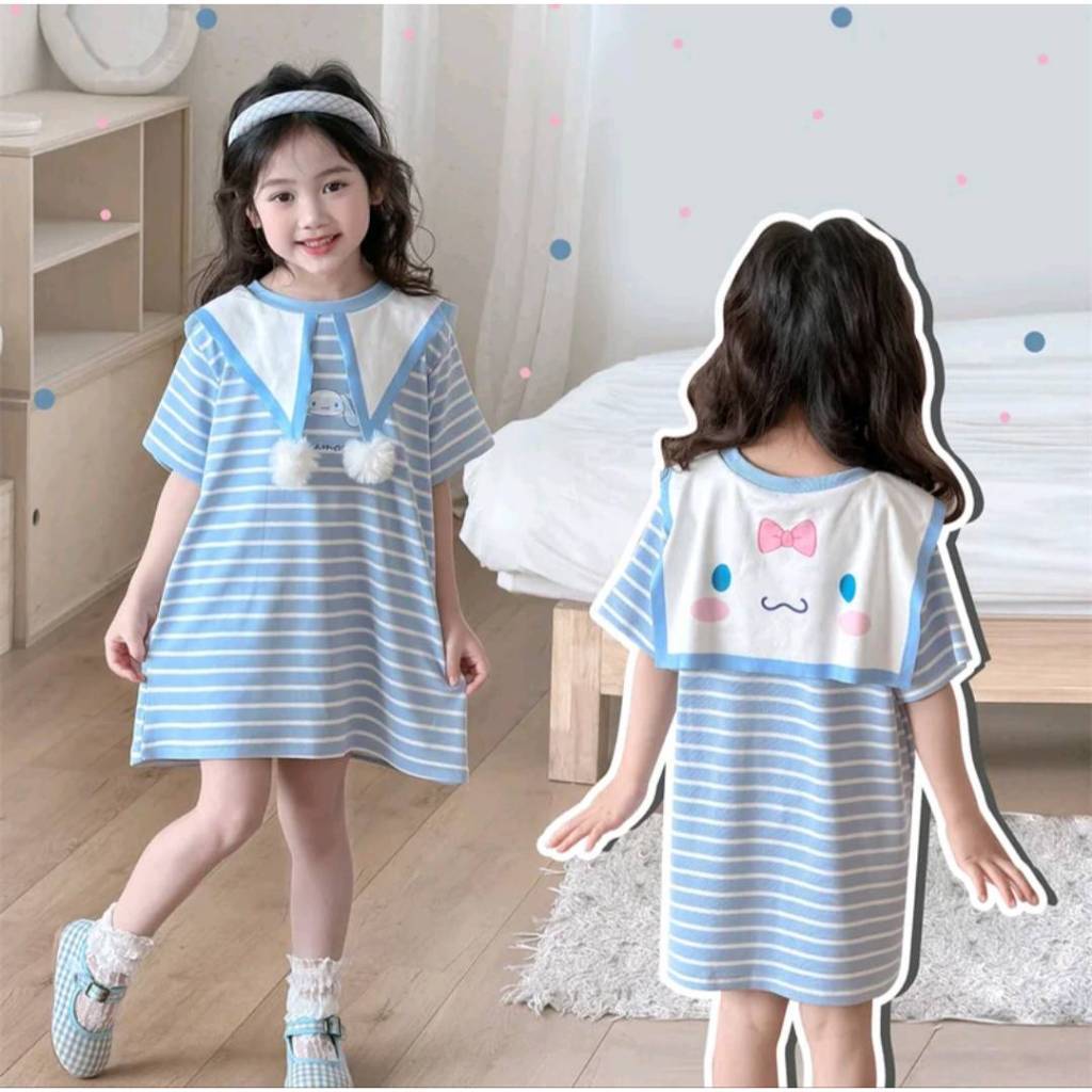 พร้อมส่ง🎈ชุดเดรสเสื้อยืดลายทางคอปก สำหรับเด็กผู้หญิง ลายการ์ตูนน่ารัก สวมใส่สบาย🎈