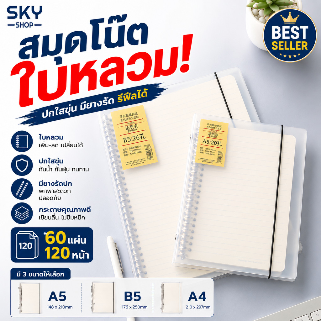 SKY สมุดโน๊ตใบหลวม ปกใสขุ่น มียางรัด รีฟิลได้ สมุดจด A5 B5 A4 60แผ่น 120หน้า เครื่องเขียน สมุดบันทึก Study Notebook