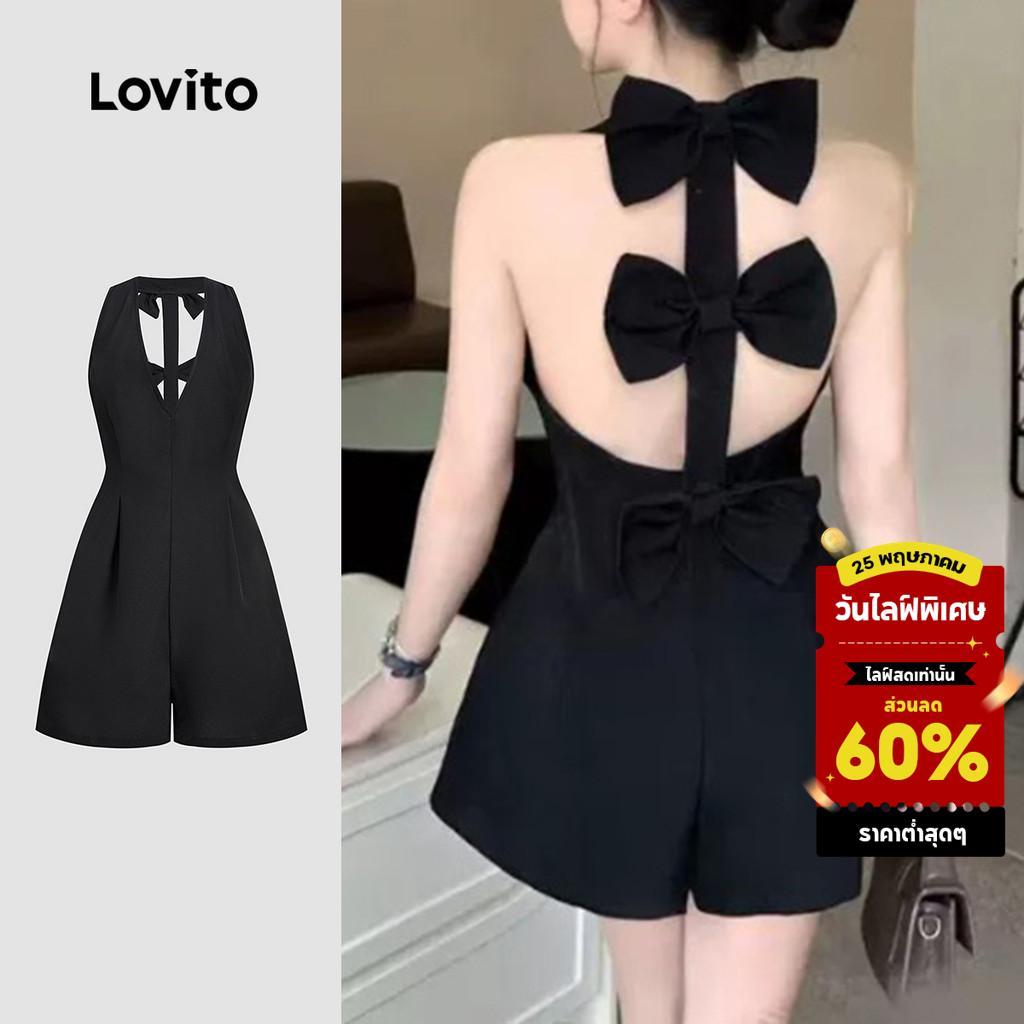 Lovito ชุดจั๊มสูทหรูหราสไตล์ลำลองรีสอร์ท ผูกโบว์จีบพลีท สำหรับฤดูใบไม้ผลิ/ฤดูร้อน สีดำ สำหรับผู้หญิง L158ED984