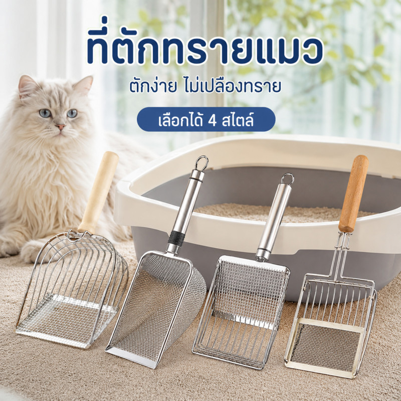 พลั่วตักขยะแมว ตะแกรง พลั่วตักอึสัตว์เลี้ยง โลหะสเตนเลส สำหรับร่อนทราย ร่อนฝุ่น จับถนัดมือ สำหรับสัตว์เลี้ยง