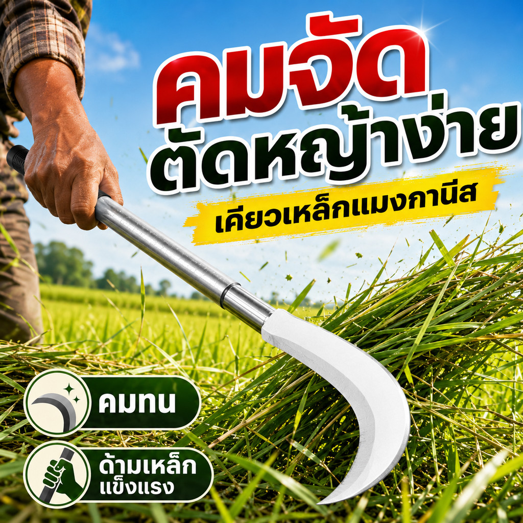 เคียวเกี่ยวข้าว เคียวตัดหญ้า เหล็กแมงกานีสแท้ ด้ามเหล็กหนา คมทน ตัดวัชพืช เกี่ยวพืชไร่ เปิดป่า ทำสวน ใช้งานอเนกประสงค์