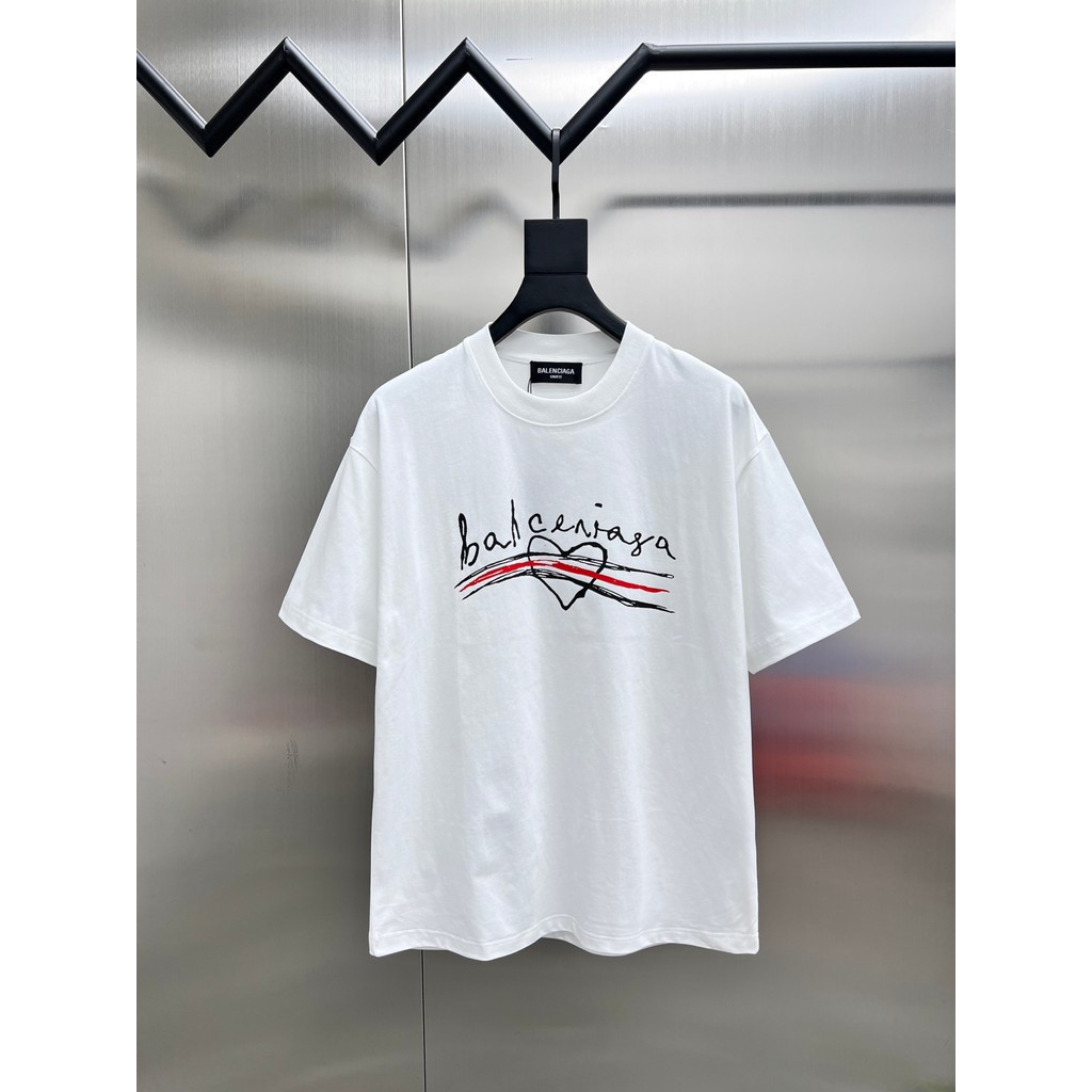 BALENCIAGA/BALENCIAGA 2026 คลาสสิกรอบคอแขนสั้นเสื้อยืดผู้ชายผู้หญิงสบายที่มีสีสันผ้าฝ้าย Slim-Fit Sl