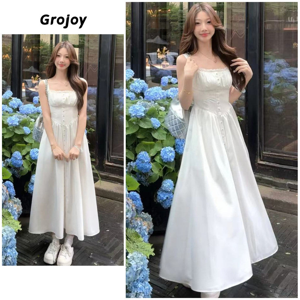 ((คลังสินค้าพร้อม) French Square Neck White Sling Dress เอวแคบ Slimmer Look Breasted Classy Long Skirt [Grojoy] GD3752 #