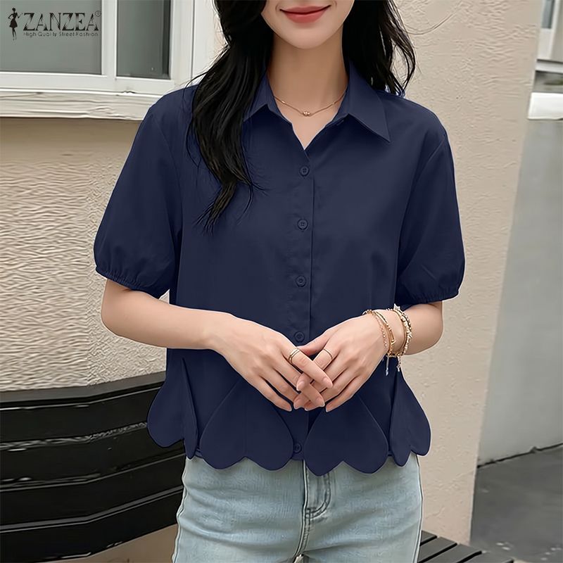 ZANZEA เสื้อผ้าผู้หญิงแฟชั่นลําลองเกาหลี Turn-down Collar แขนสั้น Heart 3D ดอกไม้ตกแต่งเสื้อ — صورة 4