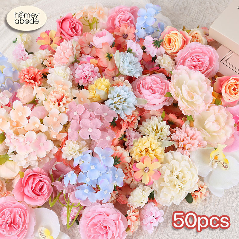 ดอกไม้ประดิษฐ์ ดอกไม้ประดิษฐ์ขนาดเล็ก 50pcs หัวดอกไม้ผสม DIY สีสันสดใส การจำลองขั้นสูง ดอกตกแต่ง ของตกแต่งบ้าน