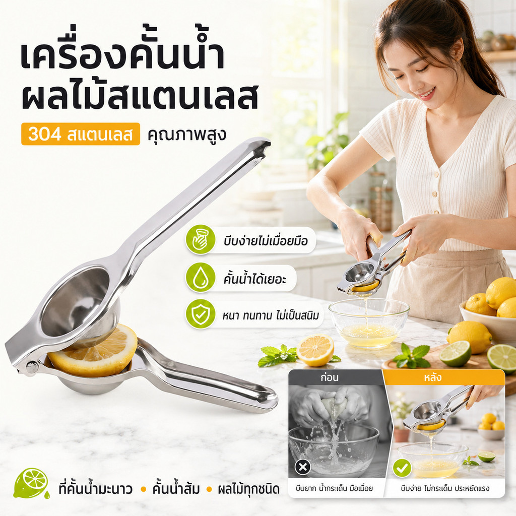 เครื่องคั้นน้ำมะนาวสแตนเลส 304 ที่บีบมะนาวแบบมือกด คั้นน้ำส้ม ผลไม้ ใช้งานง่าย แข็งแรง ทนทาน สำหรับครัวเรือน