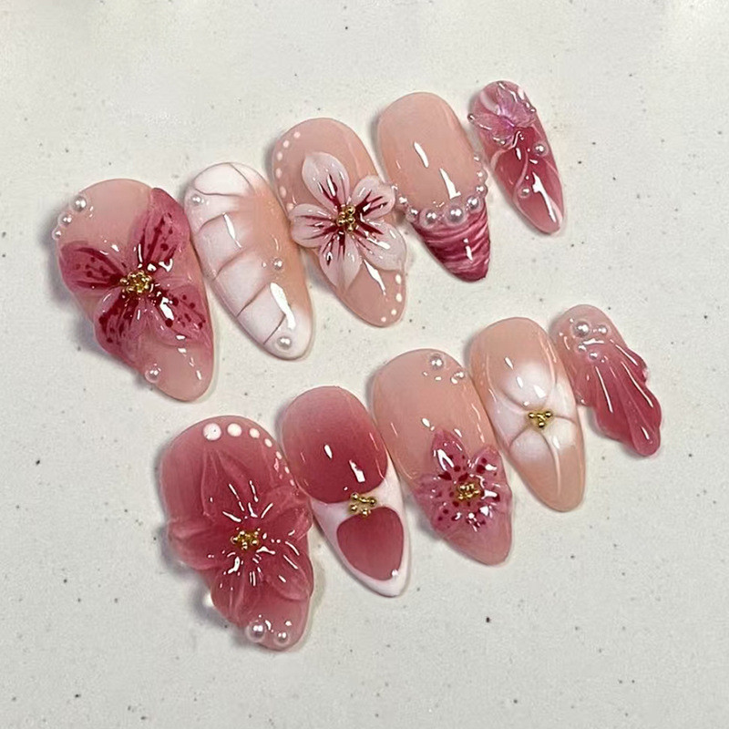 10PCS Camellia ดอกไม้ 3D Pearl กดบนเล็บเงาเล็บปลอมสติกเกอร์เยลลี่ FM356