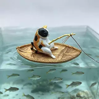 [H&K] Characterful Aquarium Setup พร้อมตกแต่ง 1 ชิ้นเรซิ่นแมวตกปลาเรือเครื่องประดับสําหรับถังปลา {th}
