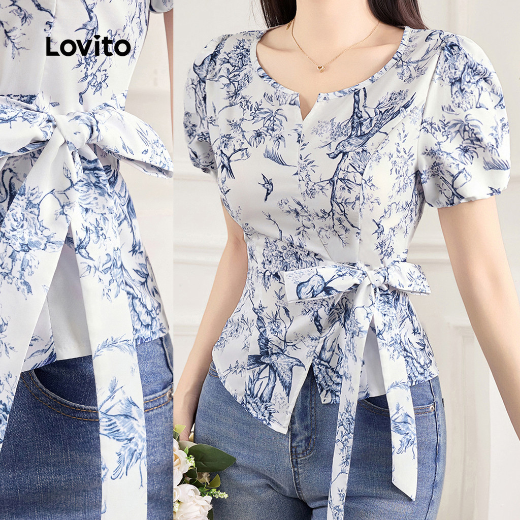 Lovito เสื้อเชิ้ตลำลองสำหรับใส่ทำงาน สไตล์คลาสสิกและใช้งานได้หลากหลาย ระบายอากาศได้ดี มีเชือกผูกโบว์ สีฟ้า สำหรับผู้หญิง เหมาะสำหรับฤดูใบไม้ผลิ/ฤดูร้อน L150AD886