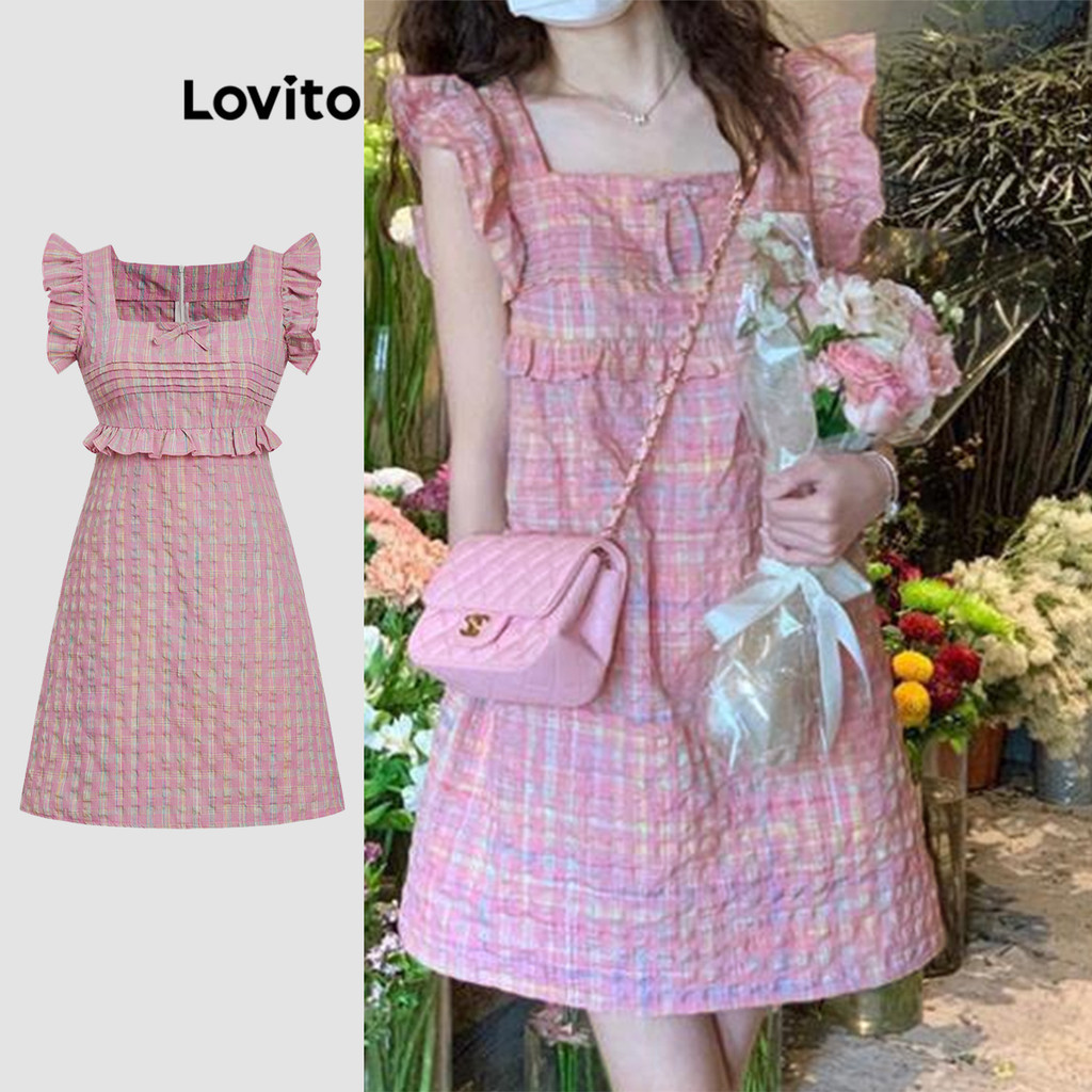 Lovito เดรส ลายสก็อต ผ้าเนื้อนุ่ม ใส่สบาย สไตล์ลำลอง สำหรับผู้หญิง L114AD418