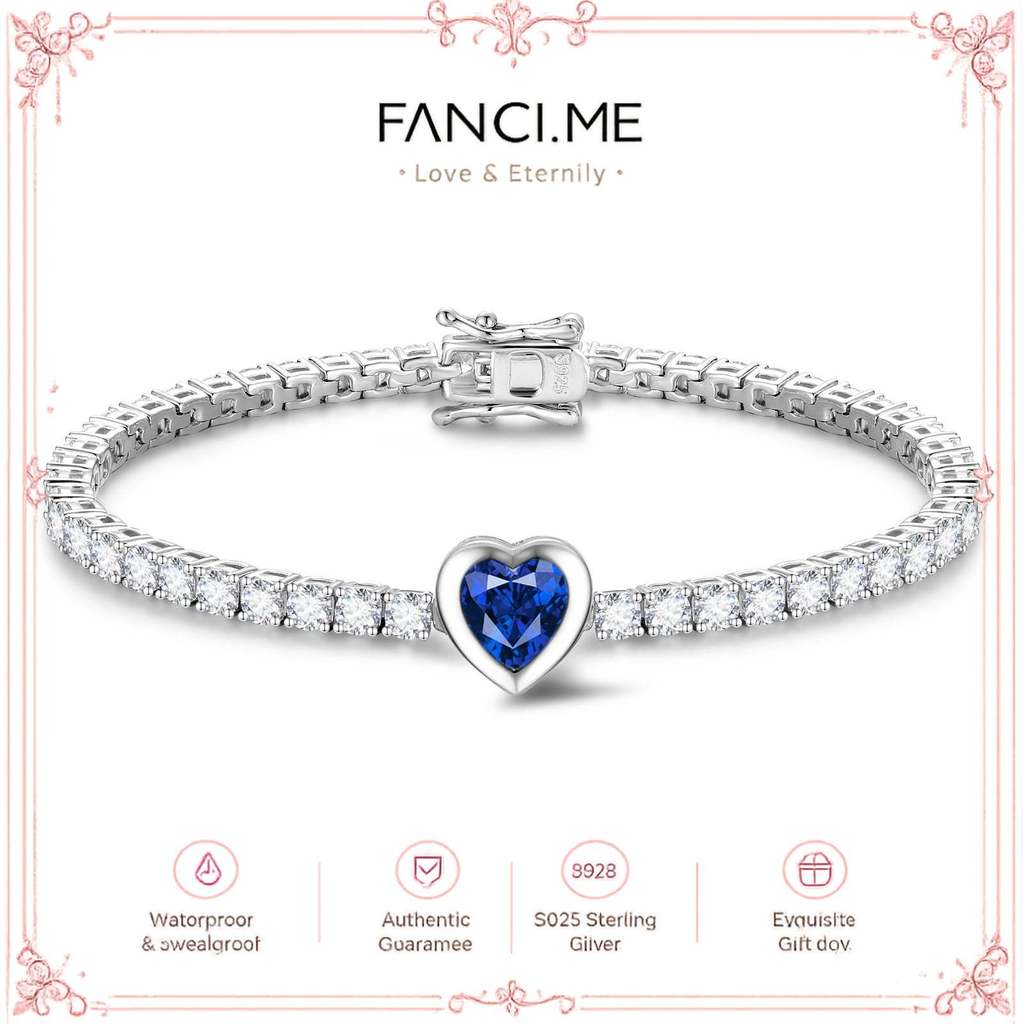 FANCIME "Axis" Heart Cut กันยายน Birthstone Sapphire สร้อยข้อมือเทนนิสเงินสเตอร์ลิง