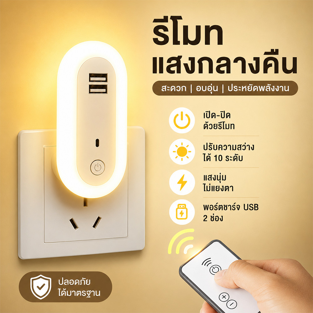 โคมไฟติดผนัง LED พร้อมรีโมท หรี่แสงได้ ปรับความสว่าง 10 ระดับ ไฟห้องนอน USB เสียบปลั๊ก โคมไฟอ่านหนังสือ ติดตั้งง่าย