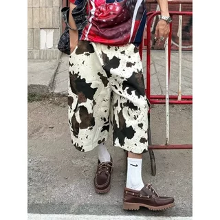 Ink Tie-Dye กางเกงขากว้างผู้หญิงลําลองหลวม 7 จุดกางเกงยีนส์ผู้ชาย