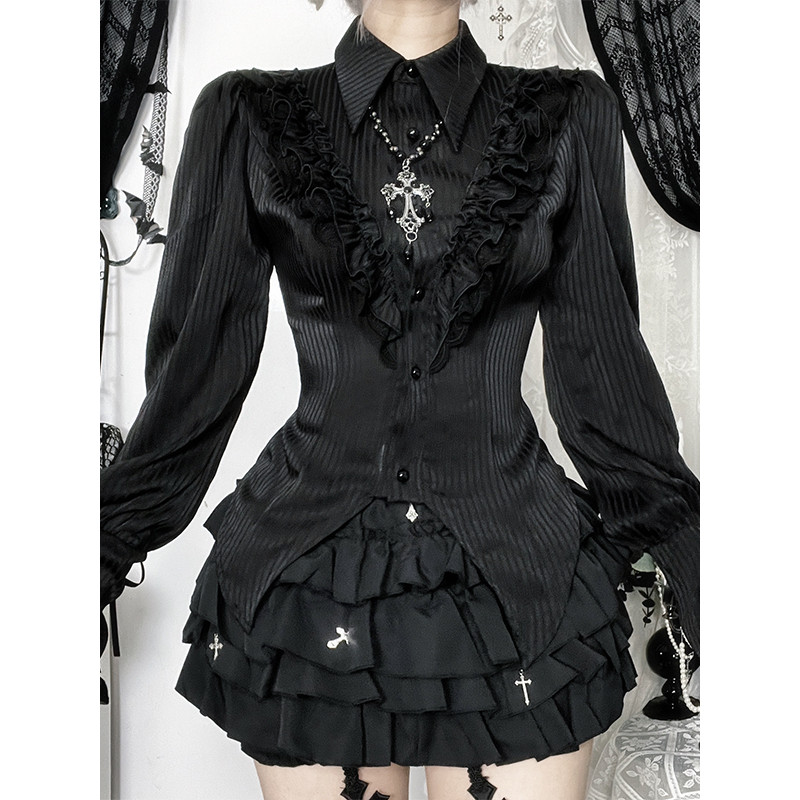 Wannathis Asian Culture สีดําแขนยาวสาวร้อนสวมเสื้อสไตล์ Gothic Court y2k Asian Culture