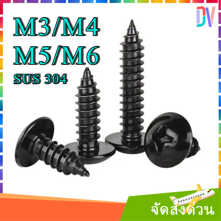 M3 M4 M5 M6 สกรู เกลียวปล่อยหัวร่ม แฉกT+ สีดํา สแตนเลส 304 ความยาว 6 - 50mm [Dvv]