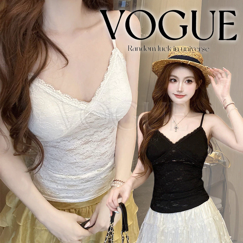 Vogue🌟พร้อมส่ง🌟 เสื้อสายเดี่ยวผ้าลูกไม้ซีทรู มี3สีเรียบหรู สไตล์สาวหวาน มีฟองน้ำในตัว (FY2011)
