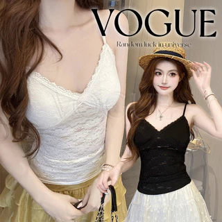 Vogue🌟พร้อมส่ง🌟 เสื้อสายเดี่ยวผ้าลูกไม้ซีทรู มี3สีเรียบหรู สไตล์สาวหวาน มีฟองน้ำในตัว (FY2011)