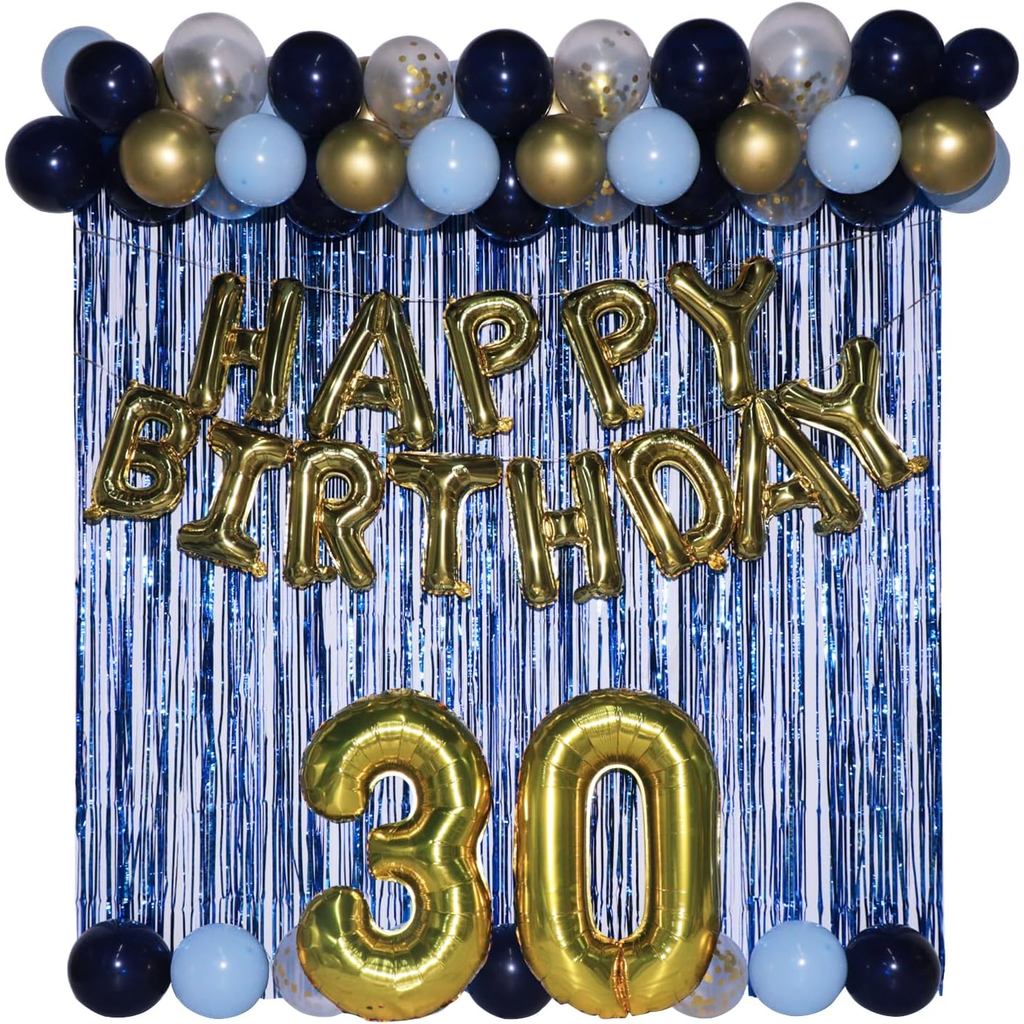 ตกแต่งวันเกิด 30th สําหรับเขา 30 บอลลูนตัวเลข 30th แบนเนอร์วันเกิด Blue Streamers Mens 30th ตกแต่งวั
