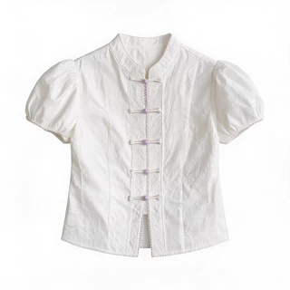 MSMS Mandarin Collar, Puff Sleeve, New Year Blouse เสื้อเชิ้ตผู้หญิงคอจีนดัดแปลง แขนฟอง มีปมผ้า เอวรัดซ่อนรูป ยอดฮิตเทศกาลตรุษจีน ขนาด S-2XL