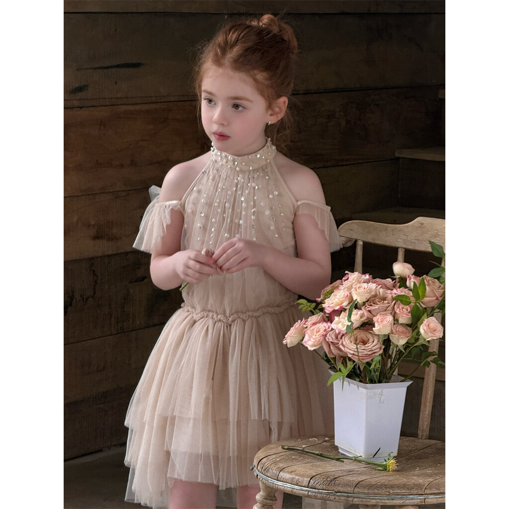 LLD-34 Pearl Halter Princess Dress เดรสเด็กผู้หญิงสีครีมหรู แต่งไข่มุกและคริสตัลช่วงคอ ดีไซน์เปิดไหล