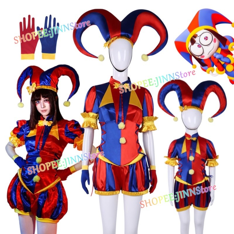 -JINN-Anime THE AMAZING DIGITAL CIRCUS คอสเพลย์ POMNI คอสเพลย์ Little Jester Jumpsuit หมวกสาวน่ารัก Lori อะนิเมะชุด