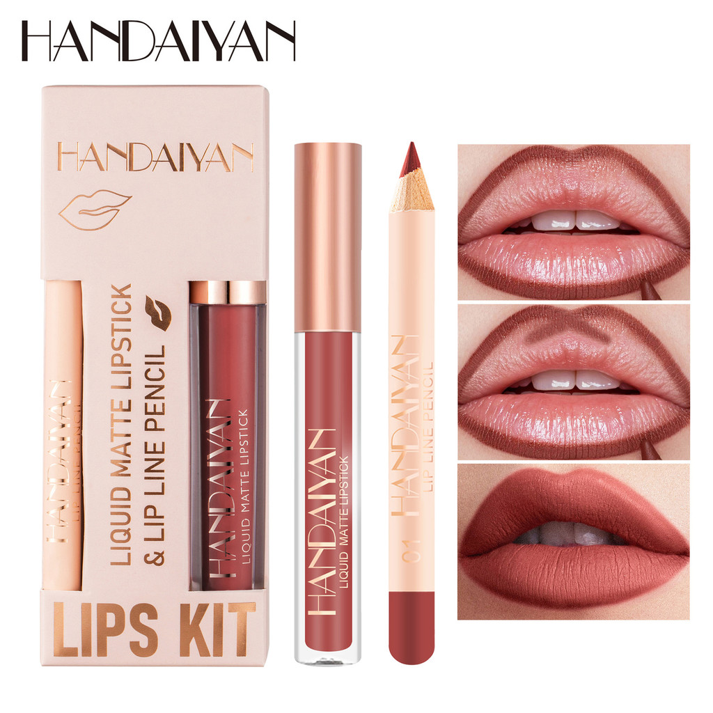 HANDAIYAN Lip Liner Lip Glaze Set กันน้ํา Non-Stick Cup Velvet Matte ลิปสติก Lip Liner Set