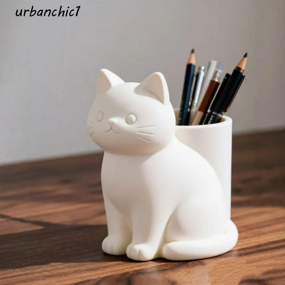 URBANCHIC หลอดเก็บรูปแมว, ที่ใส่ปากกาแมวพิมพ์ 3D ตกแต่ง, กล่องเก็บแปรงแต่งหน้าน่ารักพลาสติกอเนกประสงค์ โรงเรียน