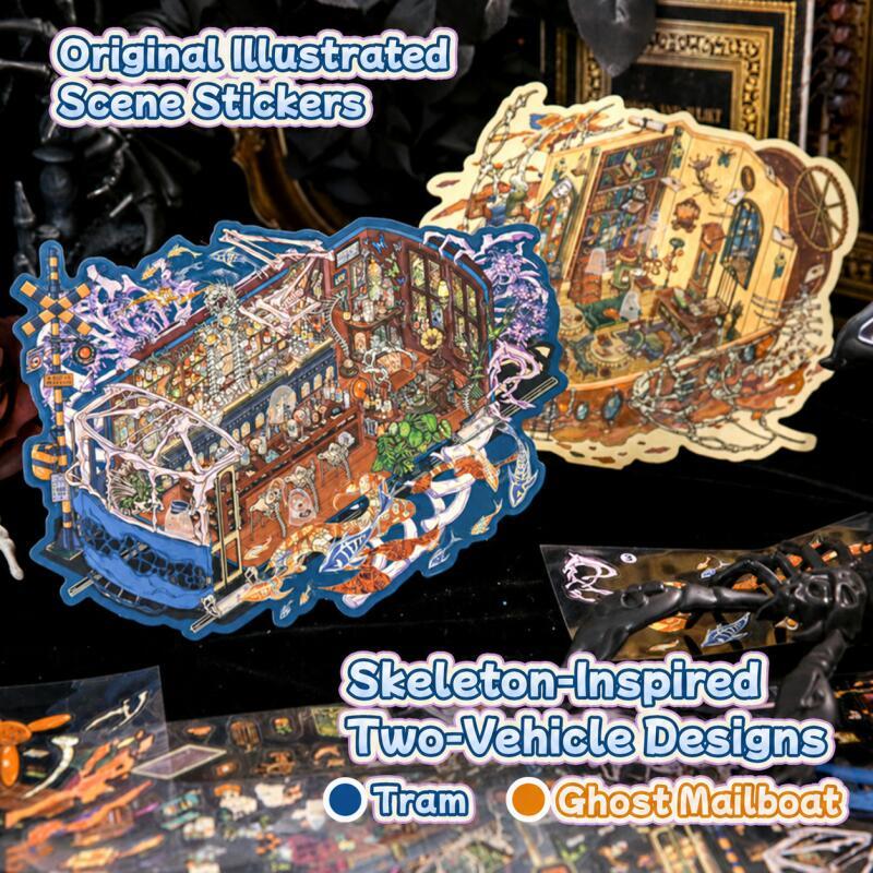 WEI 3 ชิ้น [Tracing Bones Distant Journey Series] สติ๊กเกอร์ภูมิทัศน์ Ghost Mailboat Infinite Tram ขนาดใหญ่ Journaling Scrapbooking Supplies