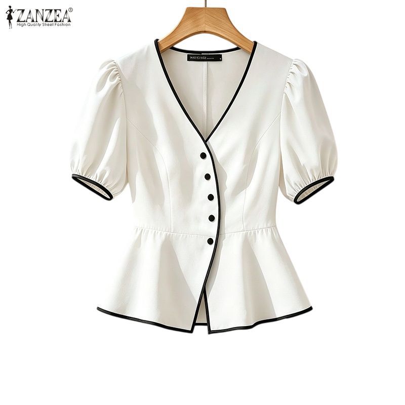 ZANZEA ผู้หญิงเกาหลีอารมณ์หรูหรา V คอพัฟแขน Contrast Edge Ruffles Hem A-Line เสื้อ