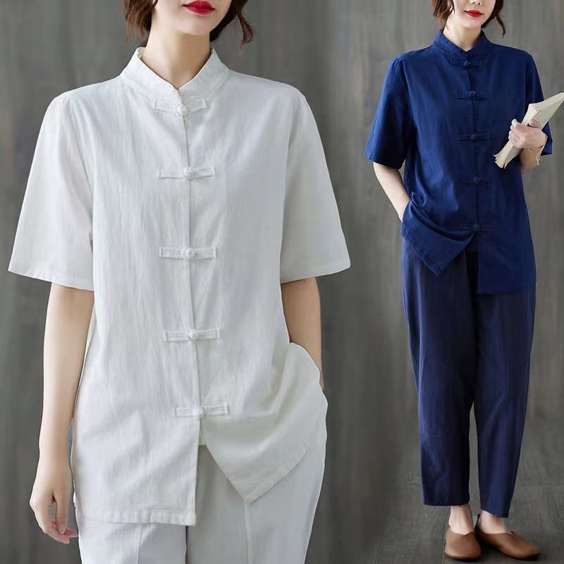棉复古立领中式盘扣上衣夏款太极服女禅意宽松大码外套茶服唐装Tai Chi practice clothes, martial arts clothes, and Tai Chi costumes fo