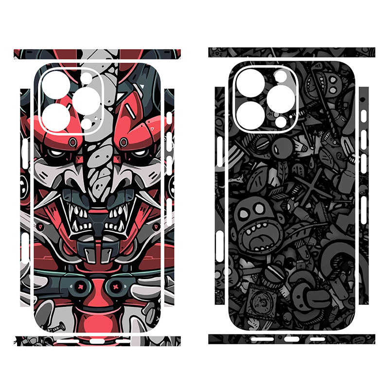 อะนิเมะOniหุ่นยนต์และสีดําการ์ตูนGraffiti Matteโทรศัพท์สติกเกอร์ผิวสําหรับiPhone 12 13 14 15 16 17 Pro Max Full Wrap Anti-Scratch Decalไม่มีสารตกค้าง