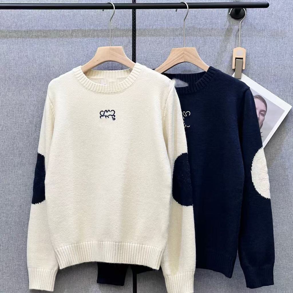 V0ED Lo**e 2025New Autumn/Winter Color-Block Patch Sleeve Design Embroidered Round Neck Sweater