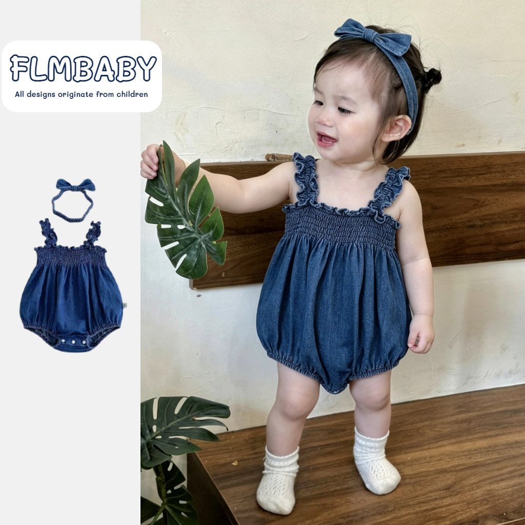 ทารกเพศหญิงสีฟ้าผ้ายีนส์นุ่มแขนกุด ชุดรอมเปอร์ และน่ารักโบว์คาดศีรษะชุด0-24เดือนเสื้อผ้าเด็ก