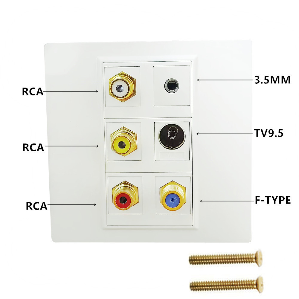 3.5 มม. + 3RCA + F-Type + 9.5 มม.ขั้วต่อโคแอกเชียลมัลติมีเดียแผ่นหน้าผนัง, 6 พอร์ต Flush Mount แผง, 