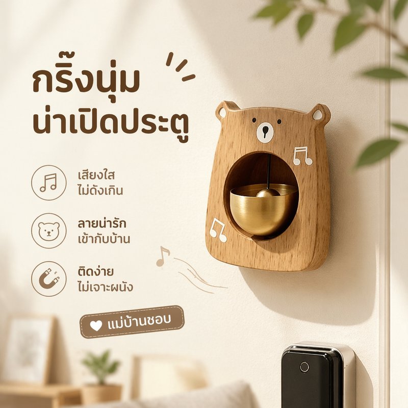 กระดิ่งประตู หมีน้อย น่ารัก แม่เหล็กดูด ไม่เจาะรู ไม้แท้ เสียงใส สวยงาม สำหรับบ้าน ร้านค้า ตกแต่ง